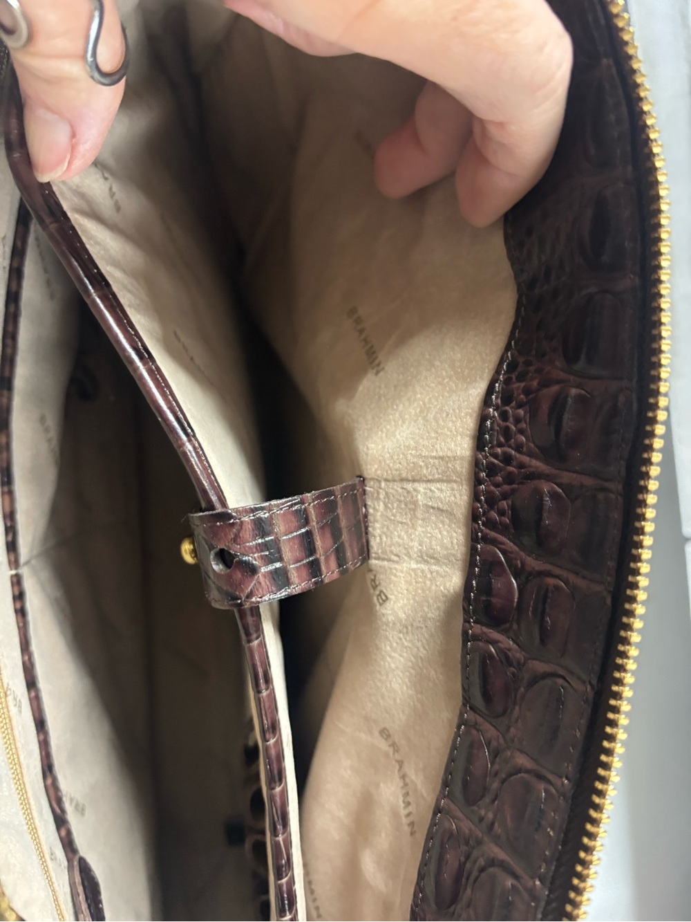 Brahmin Croc-Embossed Satchel in Beige and Dark Brown with Yellow Trim - Picture 8 of 16